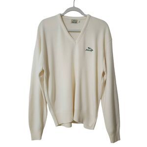 Vintage Jaguar Mens V-Neck Pullover Jumper Sweater Orlon Ivory USA Made Size XL